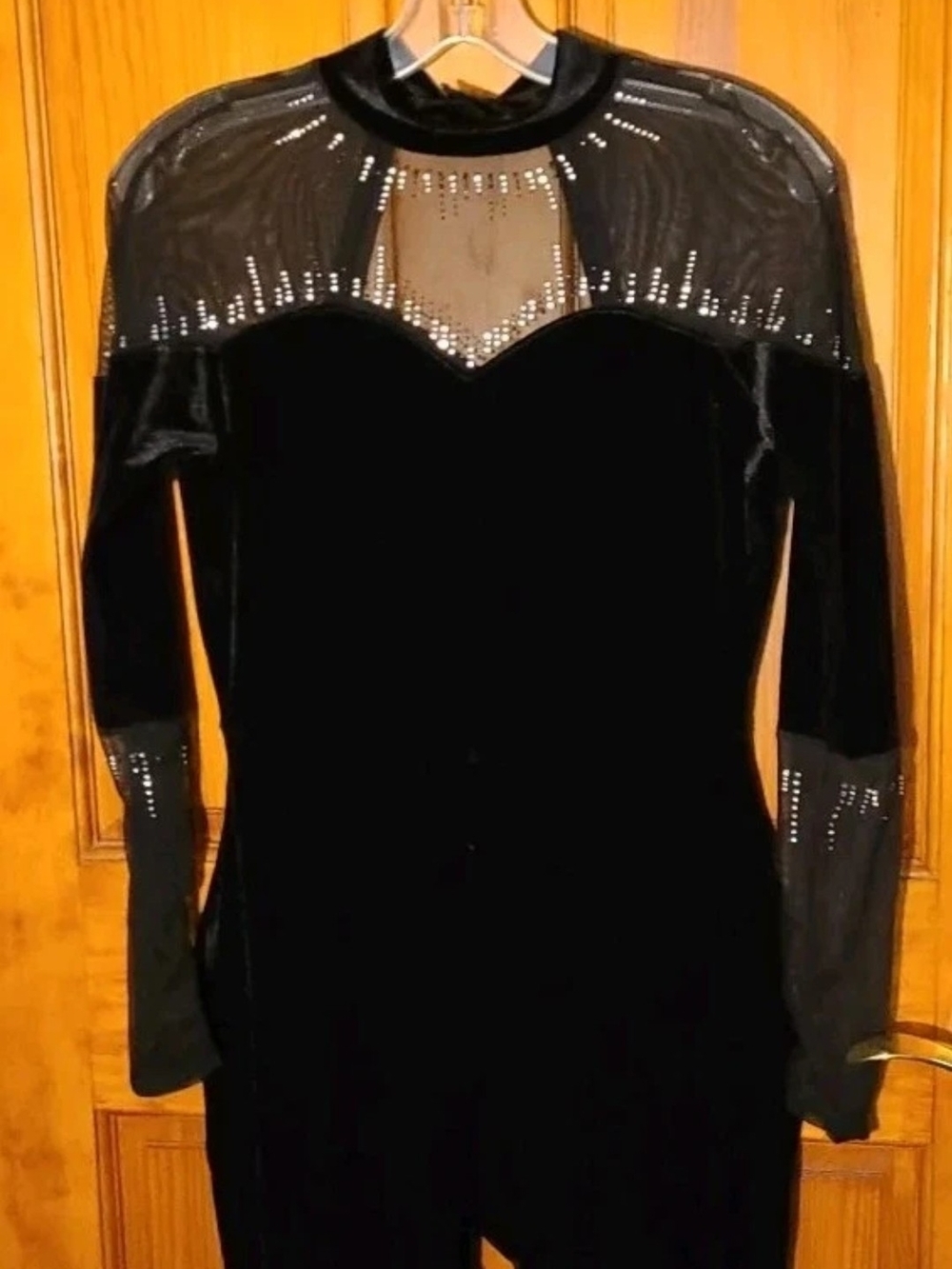 Black Velvet Dance Costume  with Sheer Rhinestone Yoke By Curtain Call Size ALA